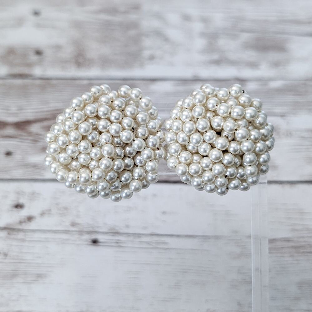 Vintage Clip On Earrings Large Beaded Faux Pearl - One Flatter